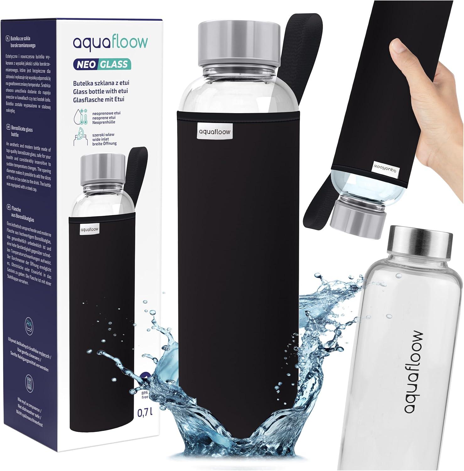 imageAquafloow Bouteille deau Brosilicate tui en Noprne 700 ml Flacons deau en Verre avec Couvercle en Bambou Sans BPA Idale pour Le Bureau Lcole La Maison Bleu foncNoir