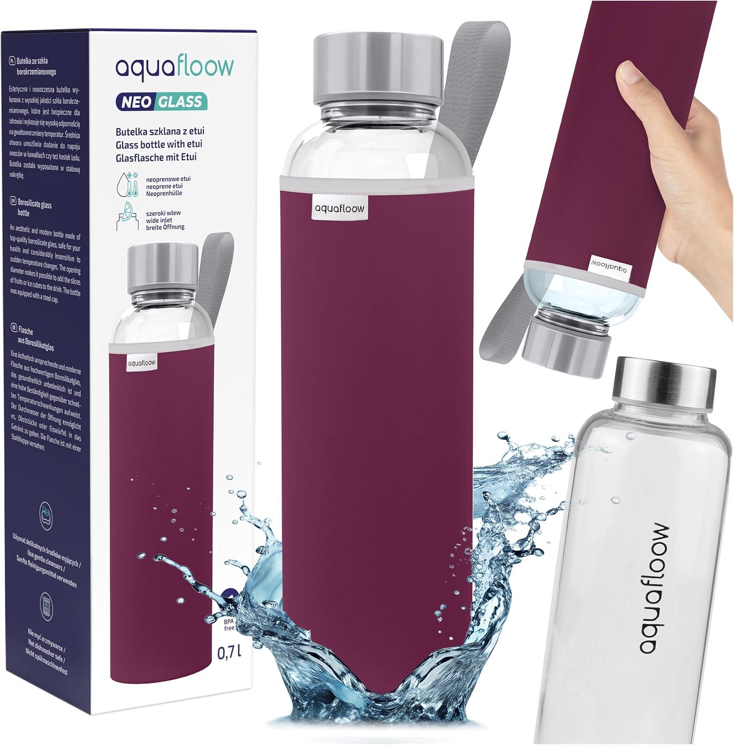 imageAquafloow Bouteille deau Brosilicate tui en Noprne 700 ml Flacons deau en Verre avec Couvercle en Bambou Sans BPA Idale pour Le Bureau Lcole La Maison Bleu foncBordeaux