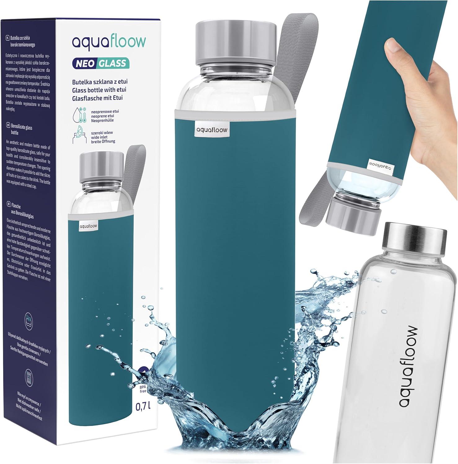 imageAquafloow Bouteille deau Brosilicate tui en Noprne 700 ml Flacons deau en Verre avec Couvercle en Bambou Sans BPA Idale pour Le Bureau Lcole La Maison Bleu foncBleu Fonc