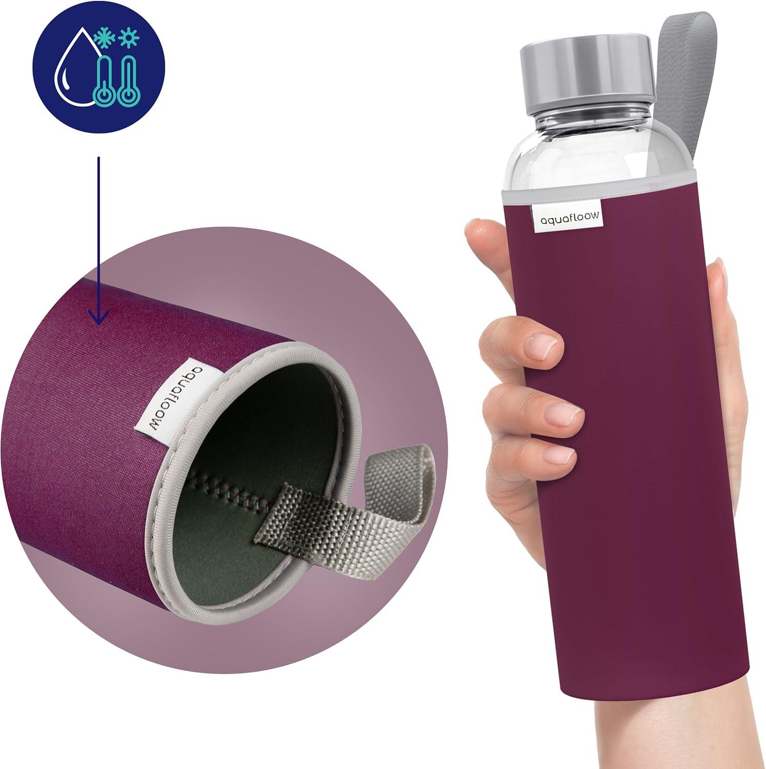 imageAquafloow Bouteille deau Brosilicate tui en Noprne 700 ml Flacons deau en Verre avec Couvercle en Bambou Sans BPA Idale pour Le Bureau Lcole La Maison Bleu foncBordeaux