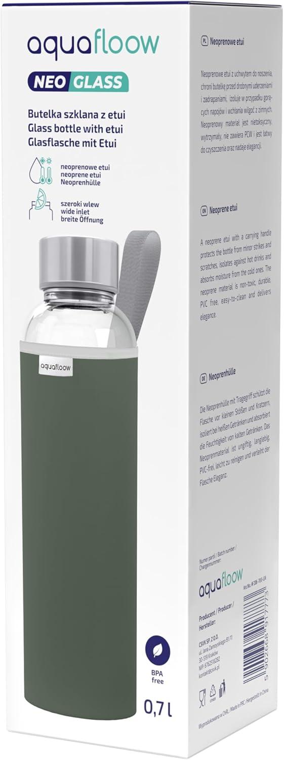 imageAquafloow Bouteille deau Brosilicate tui en Noprne 700 ml Flacons deau en Verre avec Couvercle en Bambou Sans BPA Idale pour Le Bureau Lcole La Maison Bleu foncVert