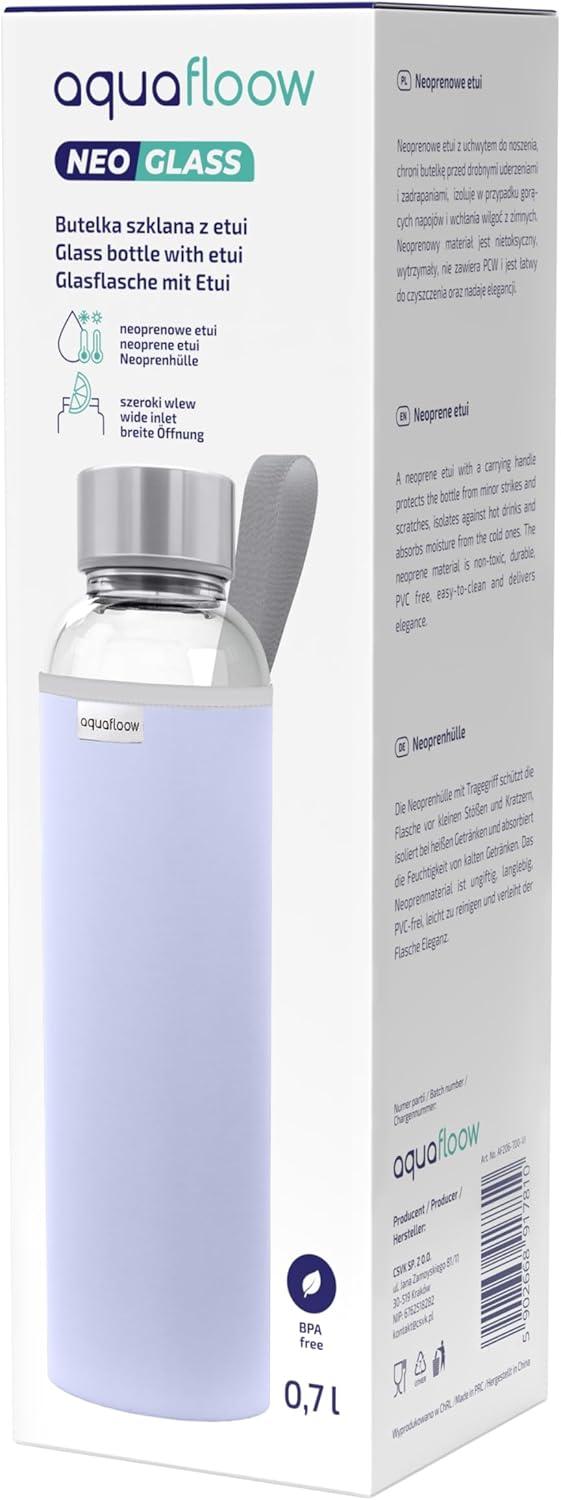 imageAquafloow Bouteille deau Brosilicate tui en Noprne 700 ml Flacons deau en Verre avec Couvercle en Bambou Sans BPA Idale pour Le Bureau Lcole La Maison Bleu foncViolet