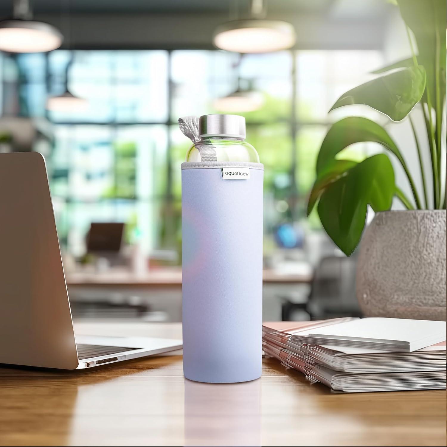 imageAquafloow Bouteille deau Brosilicate tui en Noprne 700 ml Flacons deau en Verre avec Couvercle en Bambou Sans BPA Idale pour Le Bureau Lcole La Maison Bleu foncViolet