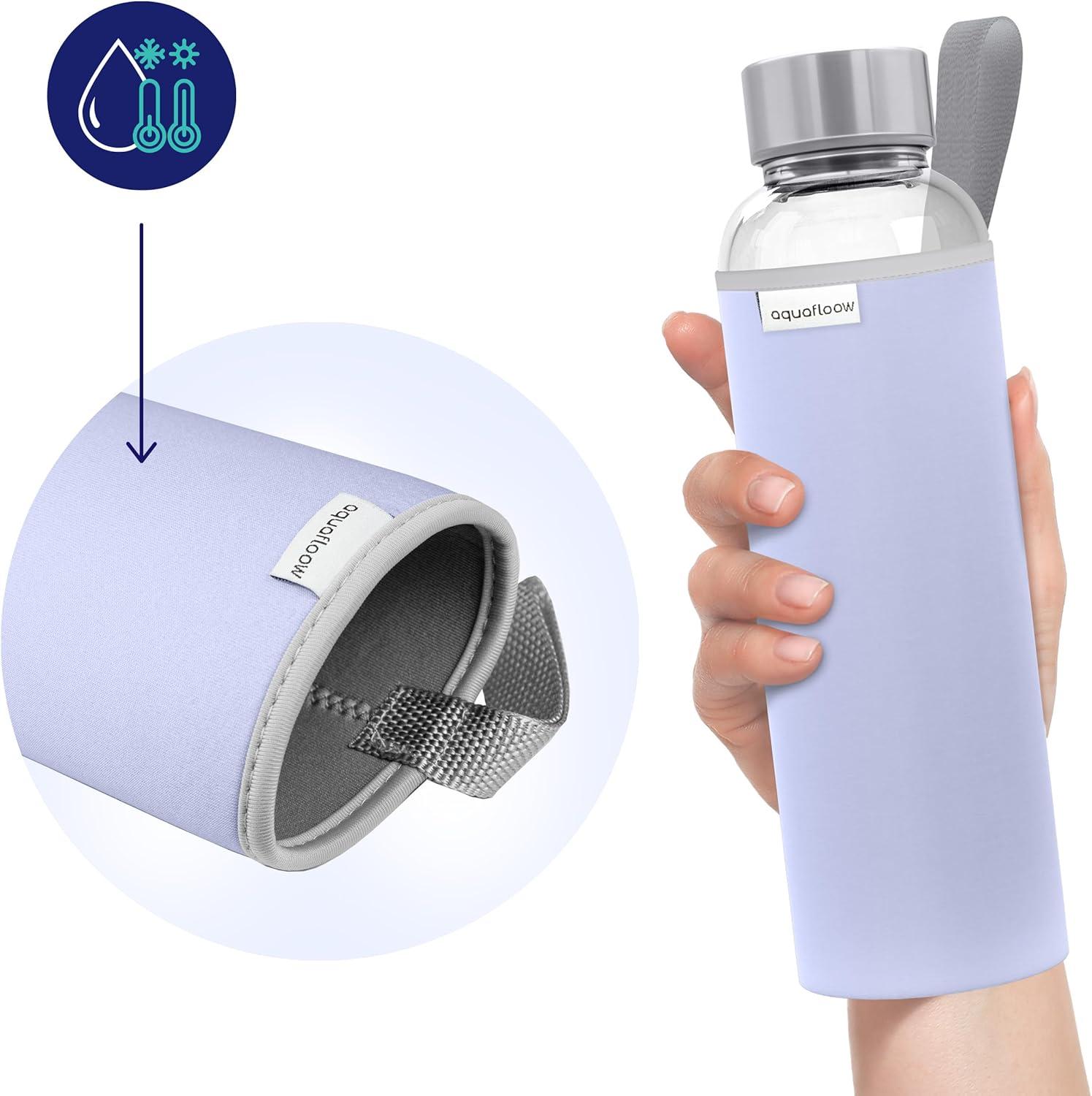 imageAquafloow Bouteille deau Brosilicate tui en Noprne 700 ml Flacons deau en Verre avec Couvercle en Bambou Sans BPA Idale pour Le Bureau Lcole La Maison Bleu foncViolet