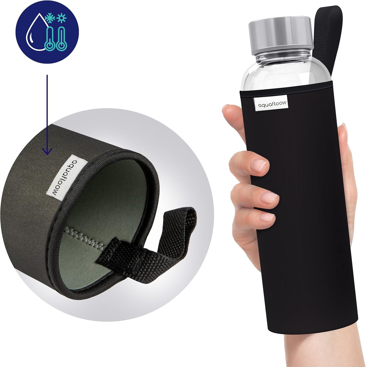 imageAquafloow Bouteille deau Brosilicate tui en Noprne 700 ml Flacons deau en Verre avec Couvercle en Bambou Sans BPA Idale pour Le Bureau Lcole La Maison Bleu foncNoir