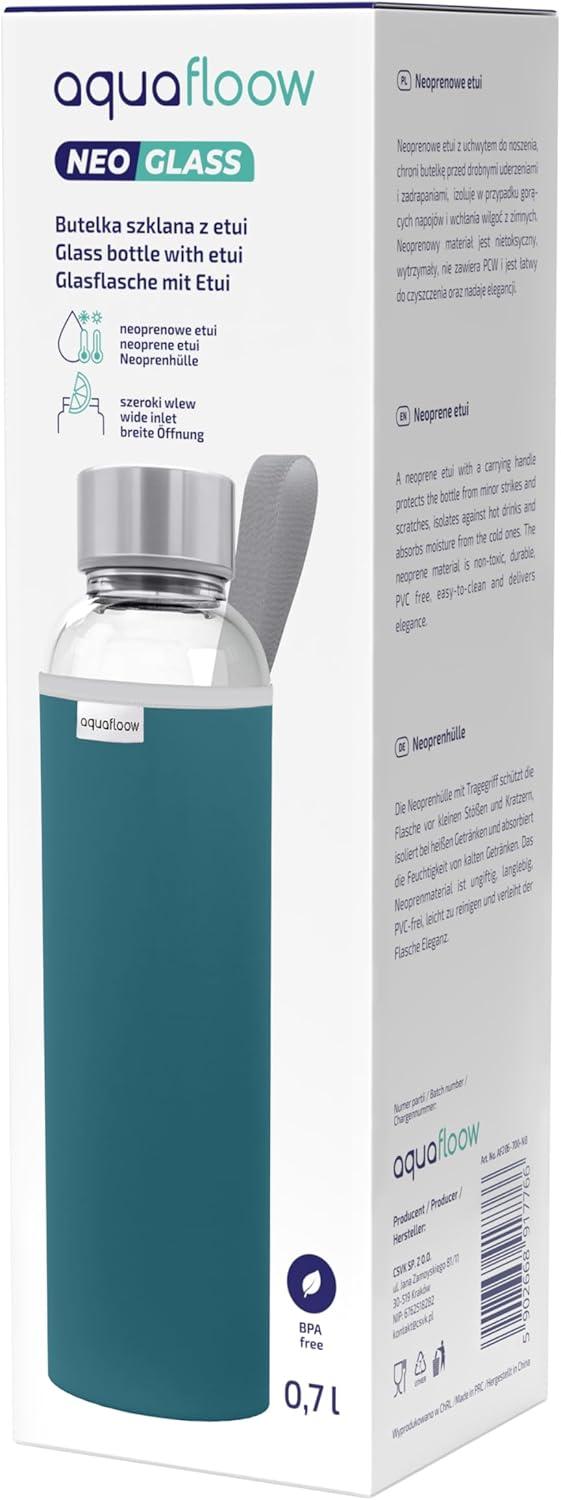 imageAquafloow Bouteille deau Brosilicate tui en Noprne 700 ml Flacons deau en Verre avec Couvercle en Bambou Sans BPA Idale pour Le Bureau Lcole La Maison Bleu foncBleu Fonc