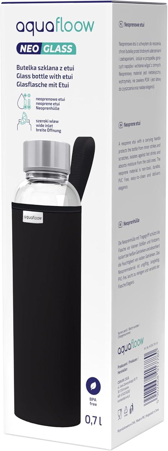 imageAquafloow Bouteille deau Brosilicate tui en Noprne 700 ml Flacons deau en Verre avec Couvercle en Bambou Sans BPA Idale pour Le Bureau Lcole La Maison Bleu foncNoir