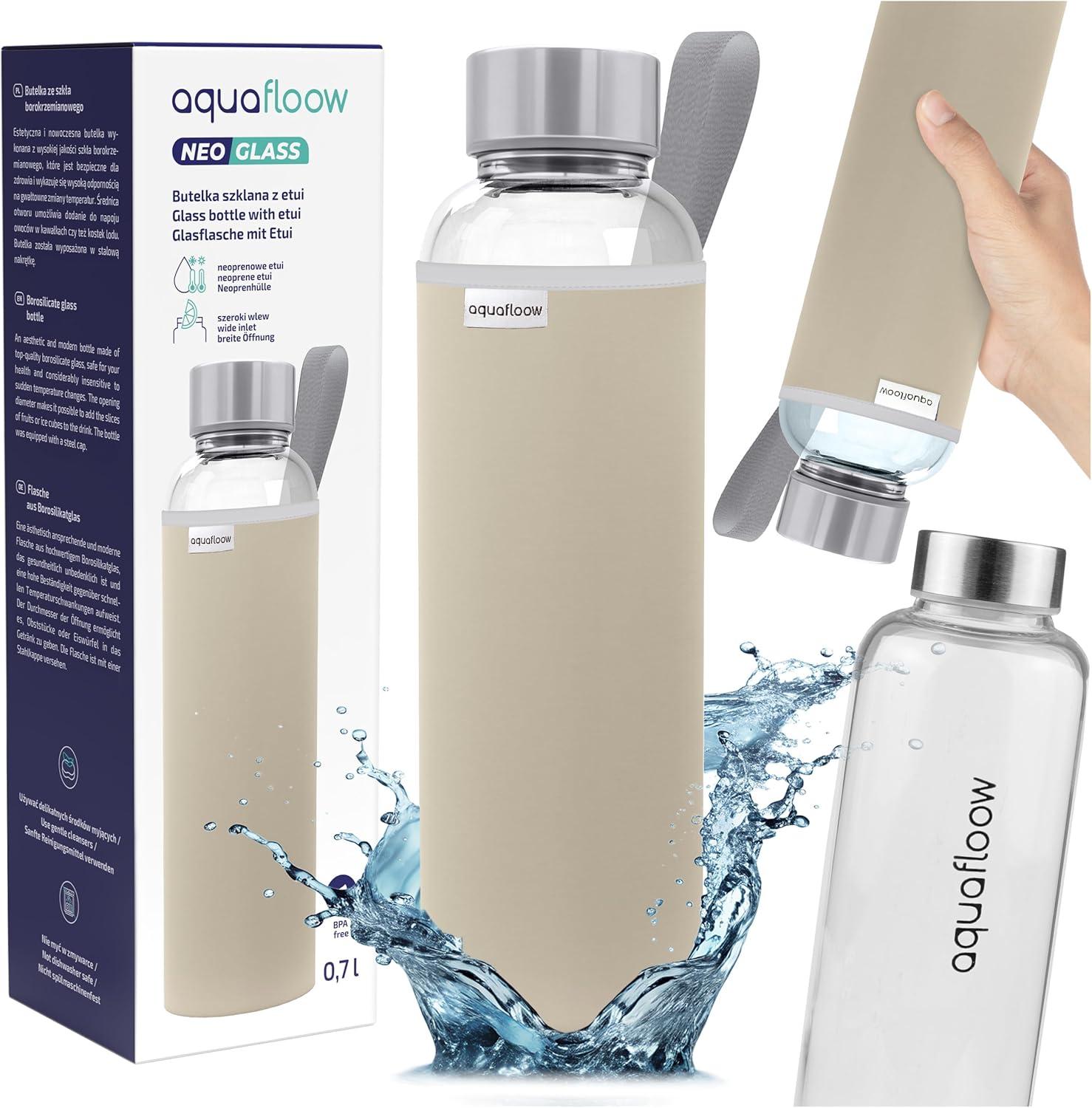 imageAquafloow Bouteille deau Brosilicate tui en Noprne 700 ml Flacons deau en Verre avec Couvercle en Bambou Sans BPA Idale pour Le Bureau Lcole La Maison Bleu foncBeige