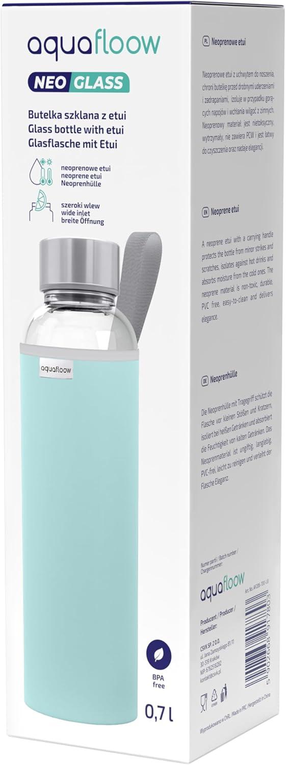 imageAquafloow Bouteille deau Brosilicate tui en Noprne 700 ml Flacons deau en Verre avec Couvercle en Bambou Sans BPA Idale pour Le Bureau Lcole La Maison Bleu foncBleu Clair