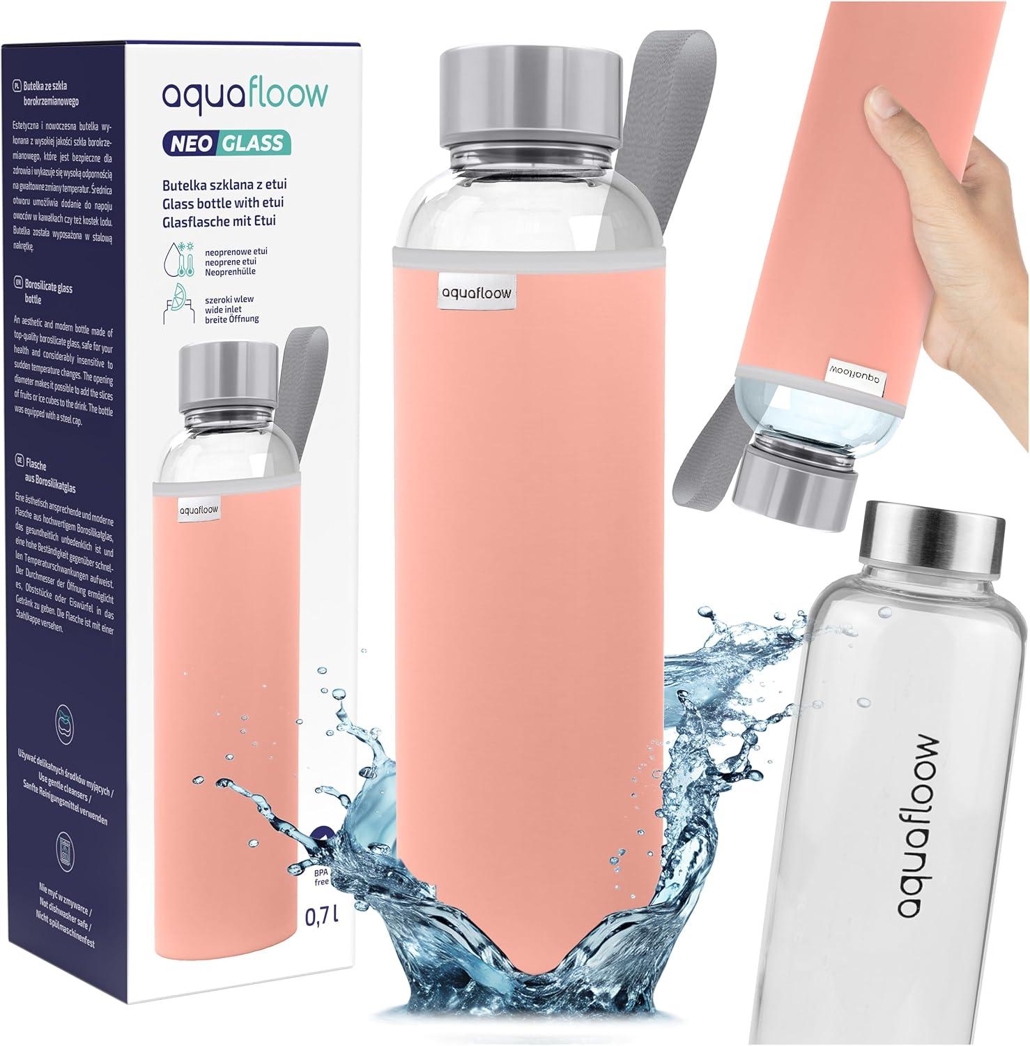 imageAquafloow Bouteille deau Brosilicate tui en Noprne 700 ml Flacons deau en Verre avec Couvercle en Bambou Sans BPA Idale pour Le Bureau Lcole La Maison Bleu foncRose