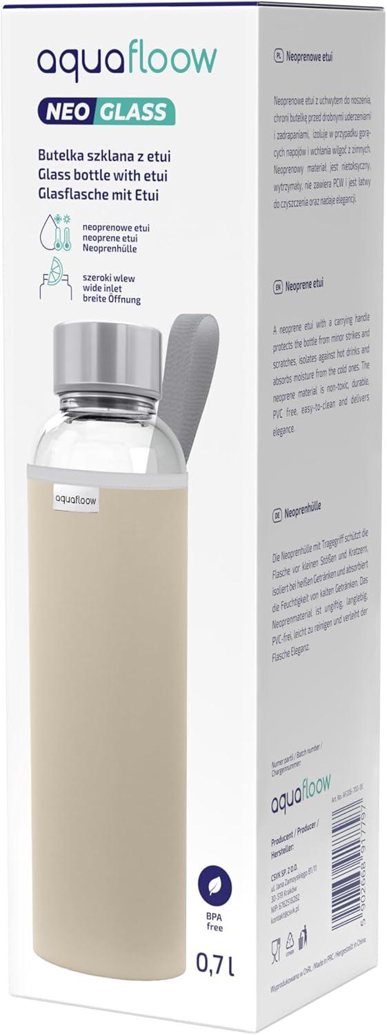 imageAquafloow Bouteille deau Brosilicate tui en Noprne 700 ml Flacons deau en Verre avec Couvercle en Bambou Sans BPA Idale pour Le Bureau Lcole La Maison Bleu foncBeige