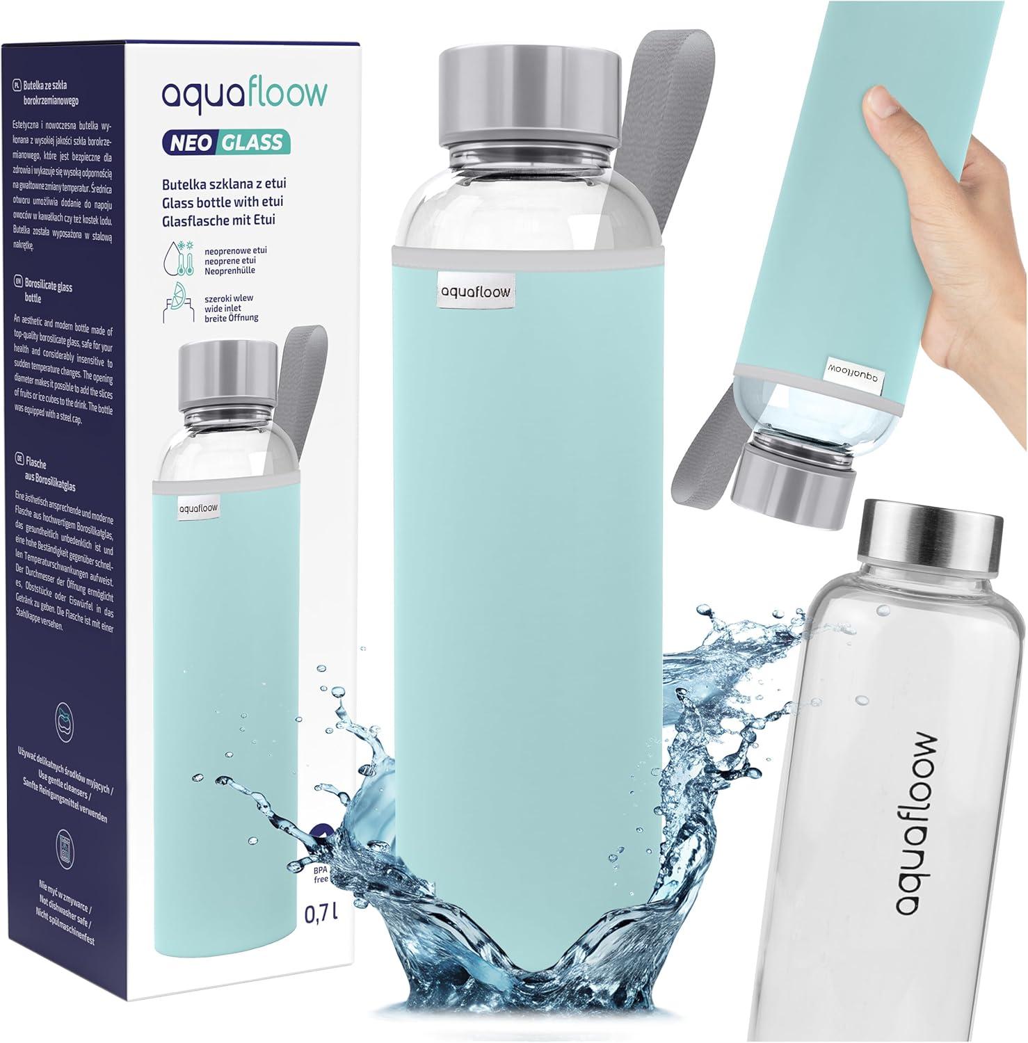 imageAquafloow Bouteille deau Brosilicate tui en Noprne 700 ml Flacons deau en Verre avec Couvercle en Bambou Sans BPA Idale pour Le Bureau Lcole La Maison Bleu foncBleu Clair