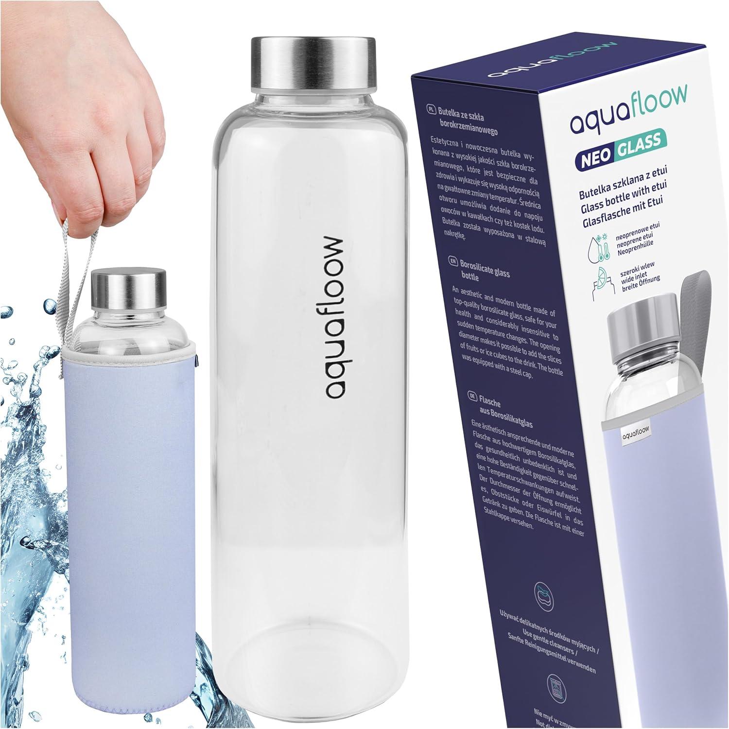 imageAquafloow Bouteille deau Brosilicate tui en Noprne 700 ml Flacons deau en Verre avec Couvercle en Bambou Sans BPA Idale pour Le Bureau Lcole La Maison Bleu foncViolet