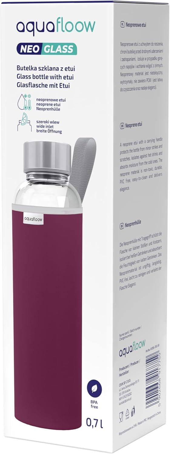 imageAquafloow Bouteille deau Brosilicate tui en Noprne 700 ml Flacons deau en Verre avec Couvercle en Bambou Sans BPA Idale pour Le Bureau Lcole La Maison Bleu foncBordeaux