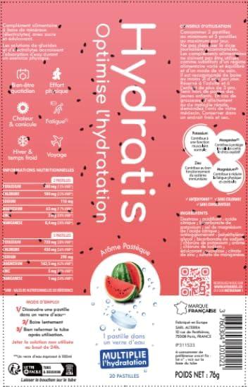 imageHYDRATIS Pastilles Hydratation Electrolytes Pastque Amliore lHydratation et Favorise lnergie Formule Isotonique Sport Rcupration Bientre 1 tube 20 Pastilles1 TUBE