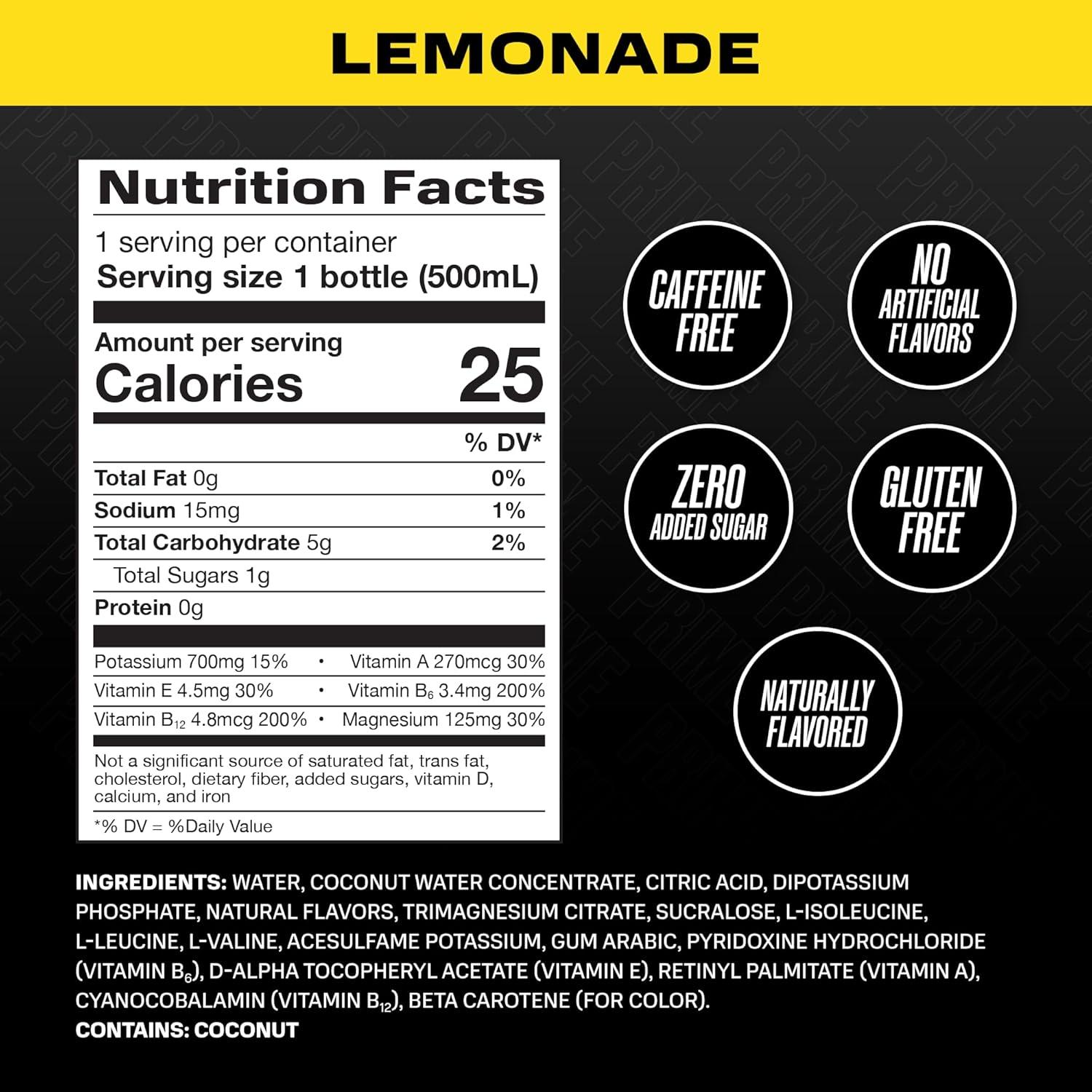 imagePRIME Hydration Berry Freeze Lot de 12 boissons pour sportifs lectrolytes amliors pour une hydratation ultime 250 mg de BCAA vitamines B antioxydants faible sucre 50 mlLimonade