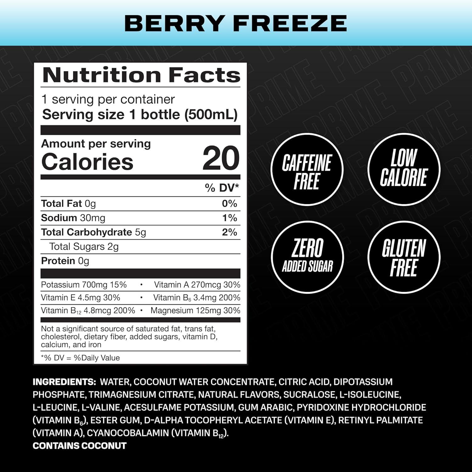 imagePRIME Hydration Berry Freeze Lot de 12 boissons pour sportifs lectrolytes amliors pour une hydratation ultime 250 mg de BCAA vitamines B antioxydants faible sucre 50 mlCONGELATION DES BAIES