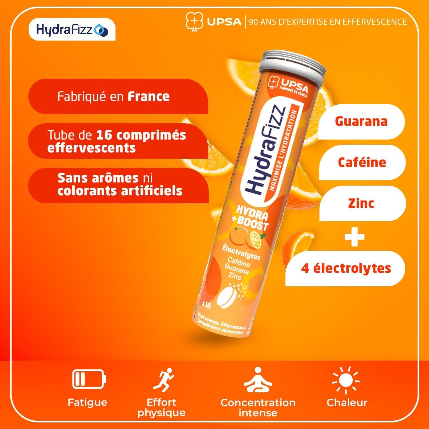 imageUPSA Hydrafizz Boost Complment Alimentaire nergie ampamp Hydratation lectrolytes Glucose Cafine Guarana Zinc Vitamines C ampamp B3 Got Orange Fabriqu en France 16 Comprims Effervescents