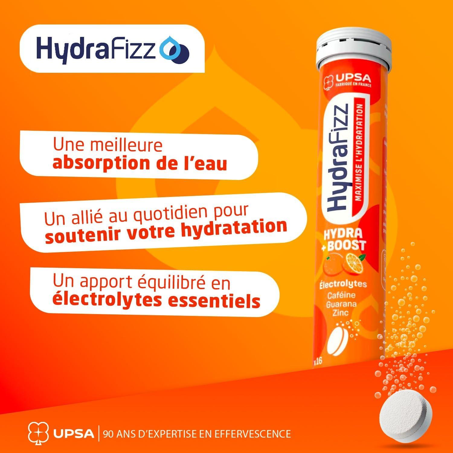 imageUPSA Hydrafizz Boost Complment Alimentaire nergie ampamp Hydratation lectrolytes Glucose Cafine Guarana Zinc Vitamines C ampamp B3 Got Orange Fabriqu en France 16 Comprims Effervescents