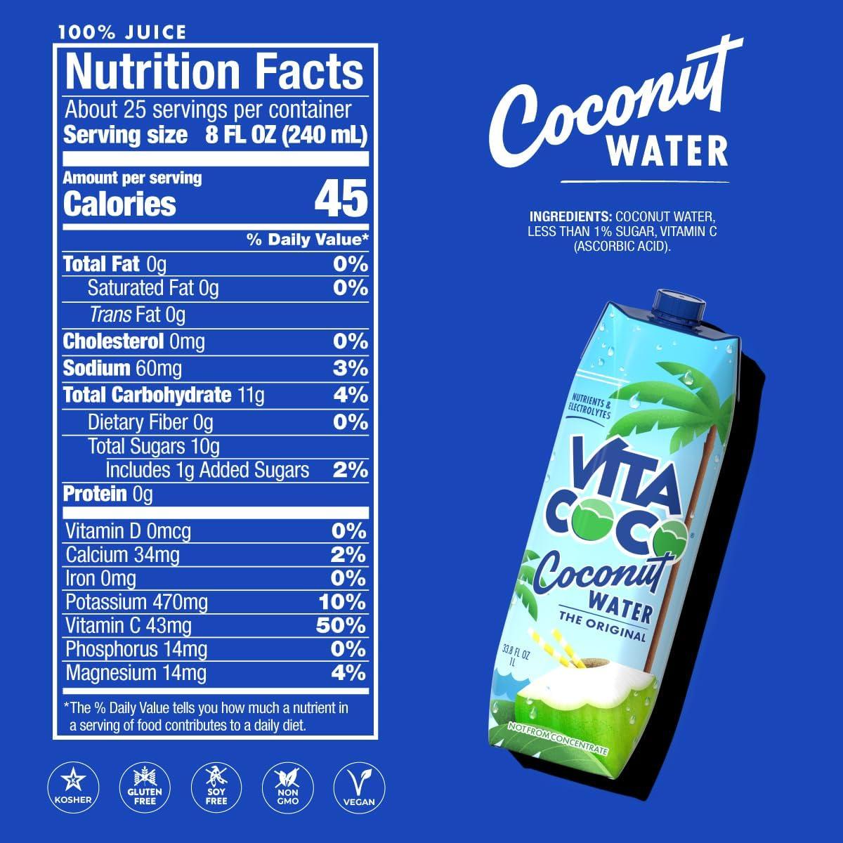 imageVita Coco Eau De Coco Originale 6x1 Litre riche en lectrolytes sans gluten riche en vitamine C et en potassium 69 kg 6000 ml6 l Lot de 2