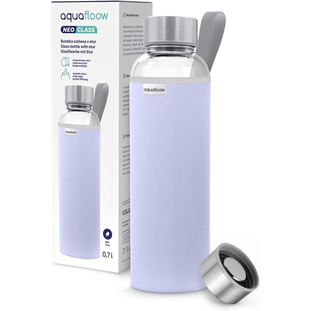 imageAquafloow Bouteille deau Brosilicate tui en Noprne 700 ml Flacons deau en Verre avec Couvercle en Bambou Sans BPA Idale pour Le Bureau Lcole La Maison Bleu foncViolet