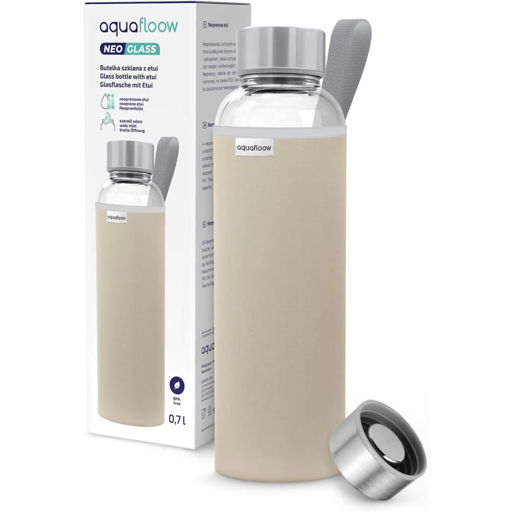 imageAquafloow Bouteille deau Brosilicate tui en Noprne 700 ml Flacons deau en Verre avec Couvercle en Bambou Sans BPA Idale pour Le Bureau Lcole La Maison Bleu foncBeige