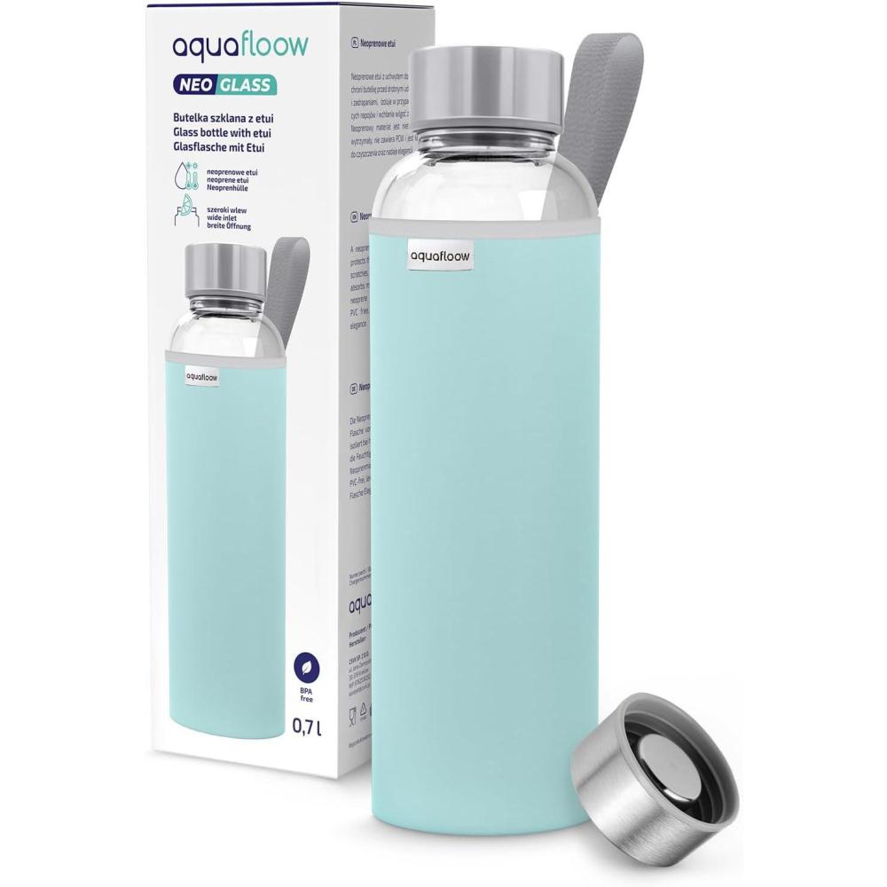 imageAquafloow Bouteille deau Brosilicate tui en Noprne 700 ml Flacons deau en Verre avec Couvercle en Bambou Sans BPA Idale pour Le Bureau Lcole La Maison Bleu foncBleu Clair