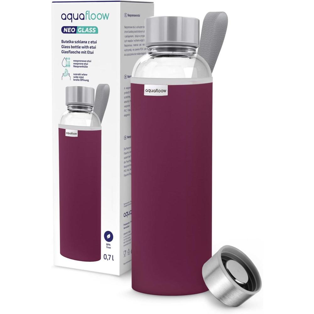 imageAquafloow Bouteille deau Brosilicate tui en Noprne 700 ml Flacons deau en Verre avec Couvercle en Bambou Sans BPA Idale pour Le Bureau Lcole La Maison Bleu foncBordeaux