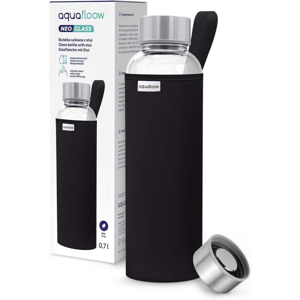 imageAquafloow Bouteille deau Brosilicate tui en Noprne 700 ml Flacons deau en Verre avec Couvercle en Bambou Sans BPA Idale pour Le Bureau Lcole La Maison Bleu foncNoir