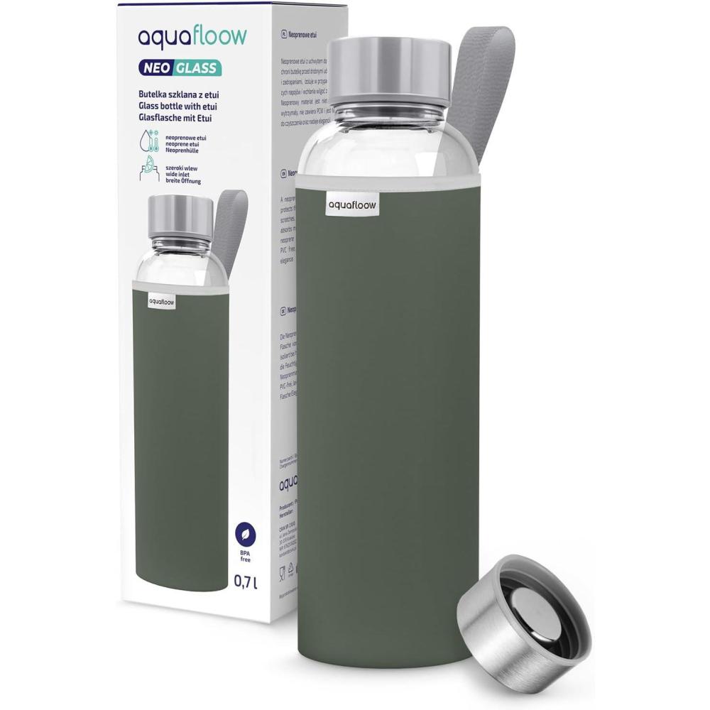 imageAquafloow Bouteille deau Brosilicate tui en Noprne 700 ml Flacons deau en Verre avec Couvercle en Bambou Sans BPA Idale pour Le Bureau Lcole La Maison Bleu foncVert