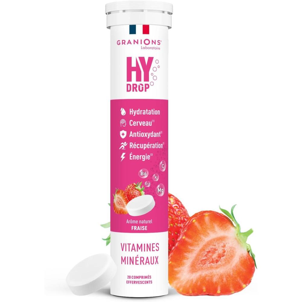 imageGRANIONS HYDROP Pastilles Hydratation Fraise SANS SUCRES Fabriqu en France Electrolytes Hydratation Vitamines Minraux Magnesium Pastille Hydratation 20 Pastilles EffervescentesFraise