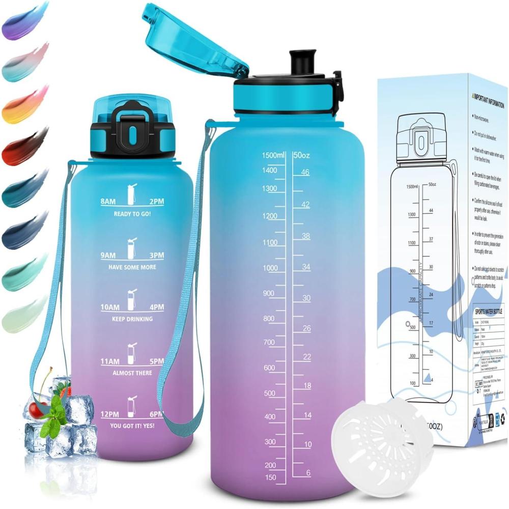 imageMotswedi Gourde Sport 10001500ml Sans BPA Bouteille deau tanche ampamp Rutilisable Gourde avec Marqueur de Temps et Filtre Gourde Pour Enfant Adulte Sport Yoga Gym Camping RandonneBleu Violet