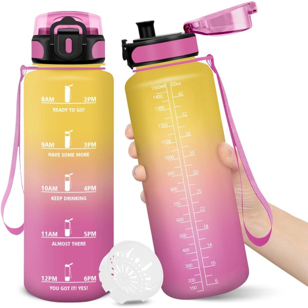 imageMotswedi Gourde Sport 10001500ml Sans BPA Bouteille deau tanche ampamp Rutilisable Gourde avec Marqueur de Temps et Filtre Gourde Pour Enfant Adulte Sport Yoga Gym Camping RandonneYellowpink1500l