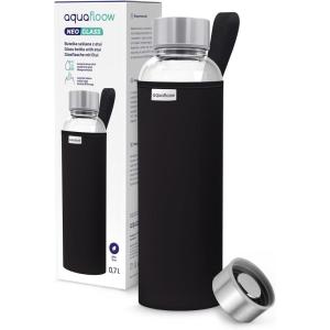 Aquafloow Bouteille d&rsquo;eau, Brosilicate Étui en Néoprène 700 ml, Flacons d&rsquo;eau en Verre avec Couvercle en Bambou, Sans BPA | Idéale pour Le Bureau, L&rsquo;école, La Maison – Bleu foncé(Noir)