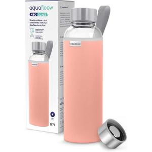 Aquafloow Bouteille d&rsquo;eau, Brosilicate Étui en Néoprène 700 ml, Flacons d&rsquo;eau en Verre avec Couvercle en Bambou, Sans BPA | Idéale pour Le Bureau, L&rsquo;école, La Maison – Bleu foncé(Rose)