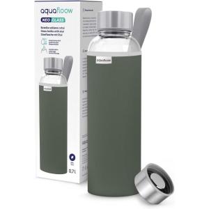 Aquafloow Bouteille d&rsquo;eau, Brosilicate Étui en Néoprène 700 ml, Flacons d&rsquo;eau en Verre avec Couvercle en Bambou, Sans BPA | Idéale pour Le Bureau, L&rsquo;école, La Maison – Bleu foncé(Vert)