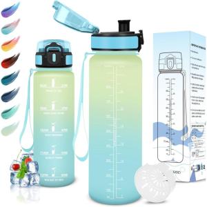 Motswedi Gourde Sport, 1000/1500ml Sans BPA, Bouteille d&rsquo;eau, Étanche & Réutilisable, Gourde, avec Marqueur de Temps et Filtre, Gourde Pour Enfant, Adulte, Sport, Yoga, Gym, Camping, Randonnée(Blanc Cassé & Bleu Clair)