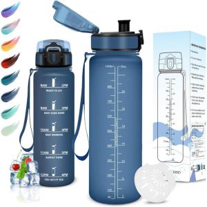 Motswedi Gourde Sport, 1000/1500ml Sans BPA, Bouteille d&rsquo;eau, Étanche & Réutilisable, Gourde, avec Marqueur de Temps et Filtre, Gourde Pour Enfant, Adulte, Sport, Yoga, Gym, Camping, Randonnée(Bleu Foncé)