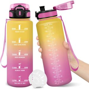 Motswedi Gourde Sport, 1000/1500ml Sans BPA, Bouteille d&rsquo;eau, Étanche & Réutilisable, Gourde, avec Marqueur de Temps et Filtre, Gourde Pour Enfant, Adulte, Sport, Yoga, Gym, Camping, Randonnée(Yellow-pink~1500l)