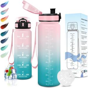 Motswedi Gourde Sport, 1000/1500ml Sans BPA, Bouteille d&rsquo;eau, Étanche & Réutilisable, Gourde, avec Marqueur de Temps et Filtre, Gourde Pour Enfant, Adulte, Sport, Yoga, Gym, Camping, Randonnée(Rose Vert)