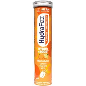 UPSA – Hydrafizz Boost – Complément Alimentaire Énergie & Hydratation – Électrolytes, Glucose, Caféine, Guarana, Zinc, Vitamines C & B3 – Goût Orange – Fabriqué en France – 16 Comprimés Effervescents