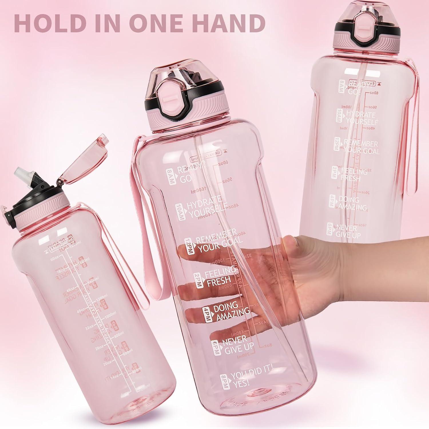 image2l 2 litres Tritan Sport Gourde Gradue avec Paille et Marqueur de Temps de Motivation 2000ml Grande Bouteille sans BPA eau pour Fitness Gym RandonneVoyageTransparent Rose