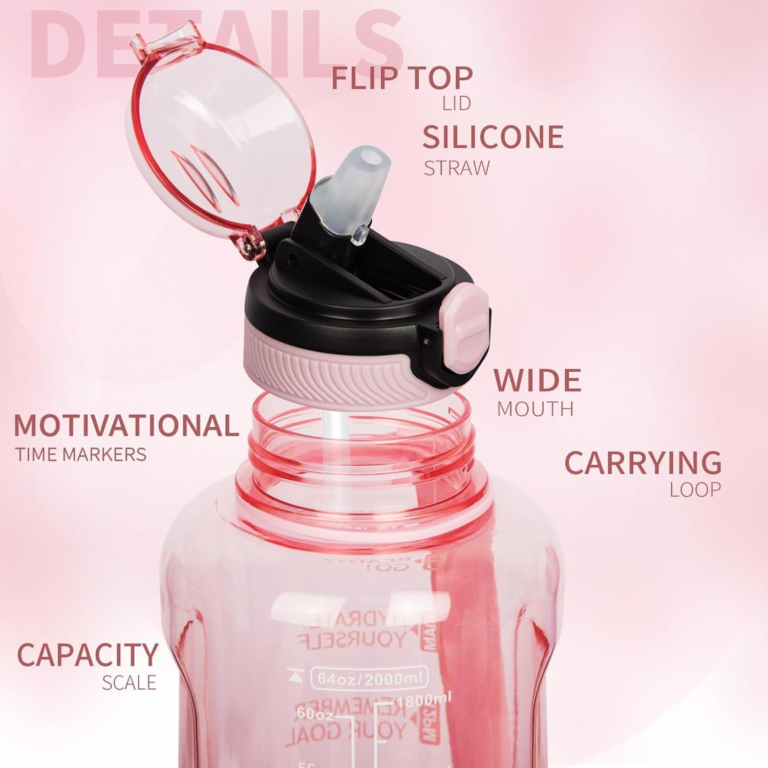image2l 2 litres Tritan Sport Gourde Gradue avec Paille et Marqueur de Temps de Motivation 2000ml Grande Bouteille sans BPA eau pour Fitness Gym RandonneVoyageTransparent Rose