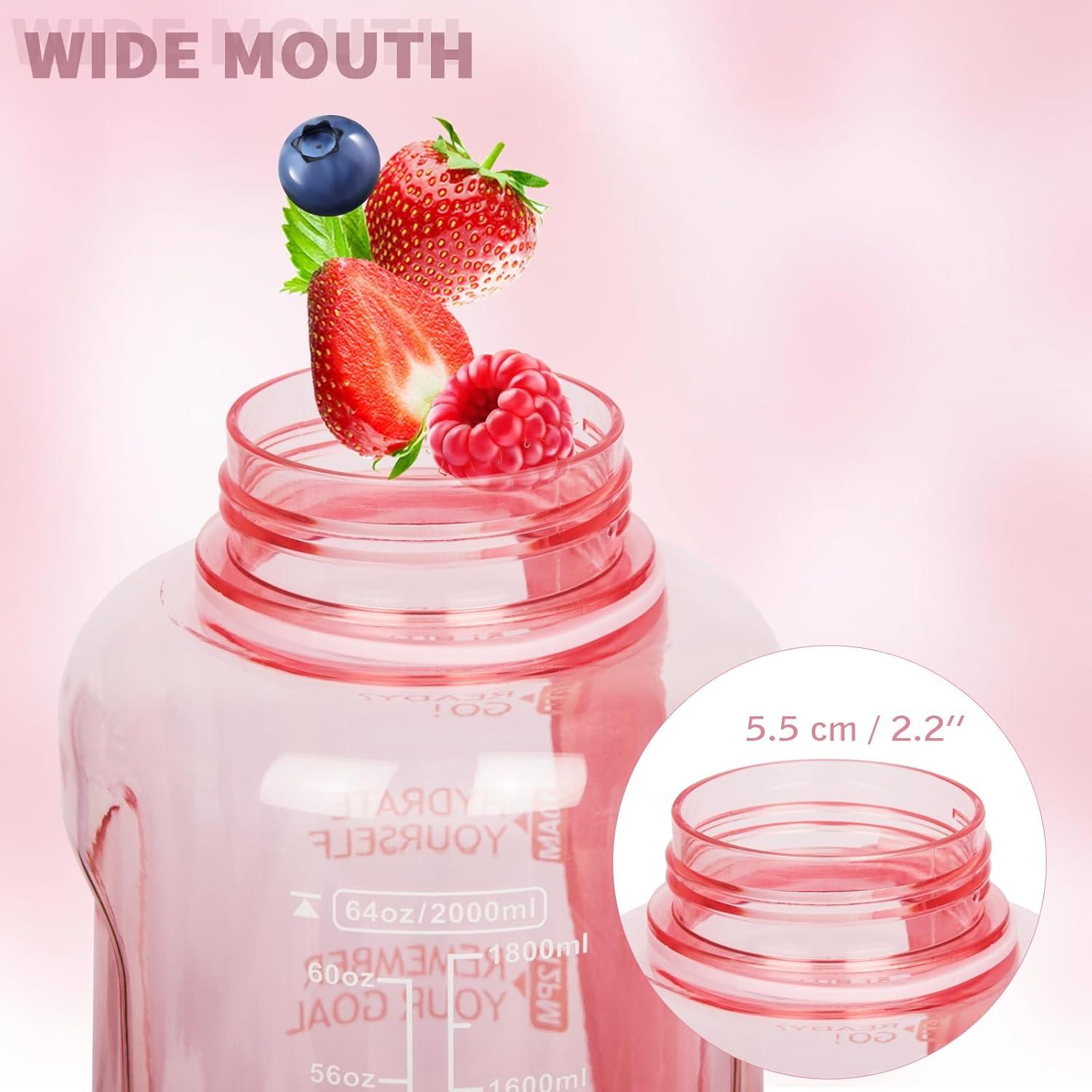 image2l 2 litres Tritan Sport Gourde Gradue avec Paille et Marqueur de Temps de Motivation 2000ml Grande Bouteille sans BPA eau pour Fitness Gym RandonneVoyageTransparent Rose