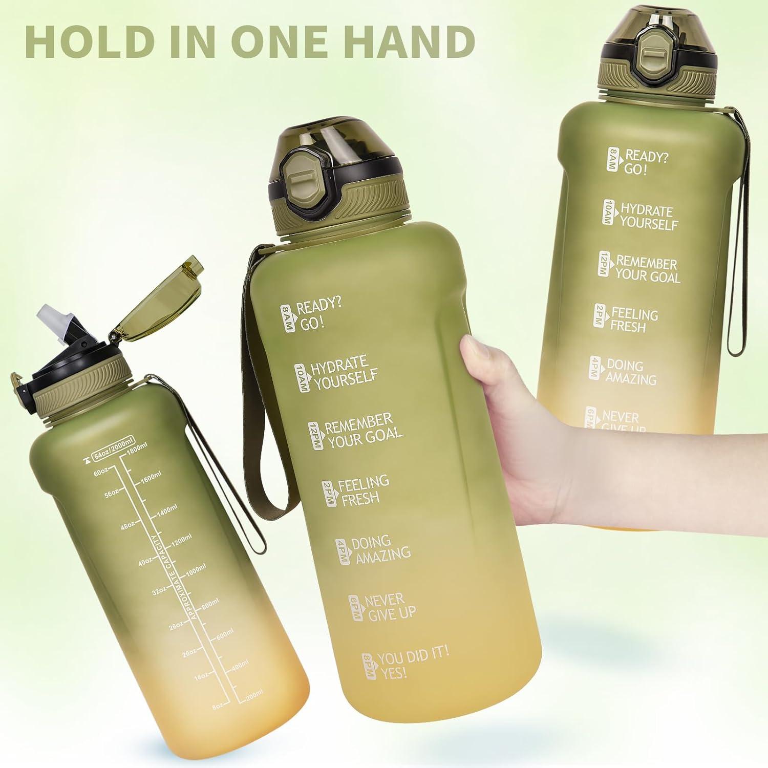 image2l 2 litres Tritan Sport Gourde Gradue avec Paille et Marqueur de Temps de Motivation 2000ml Grande Bouteille sans BPA eau pour Fitness Gym RandonneVoyageDgrad Olive Jaune