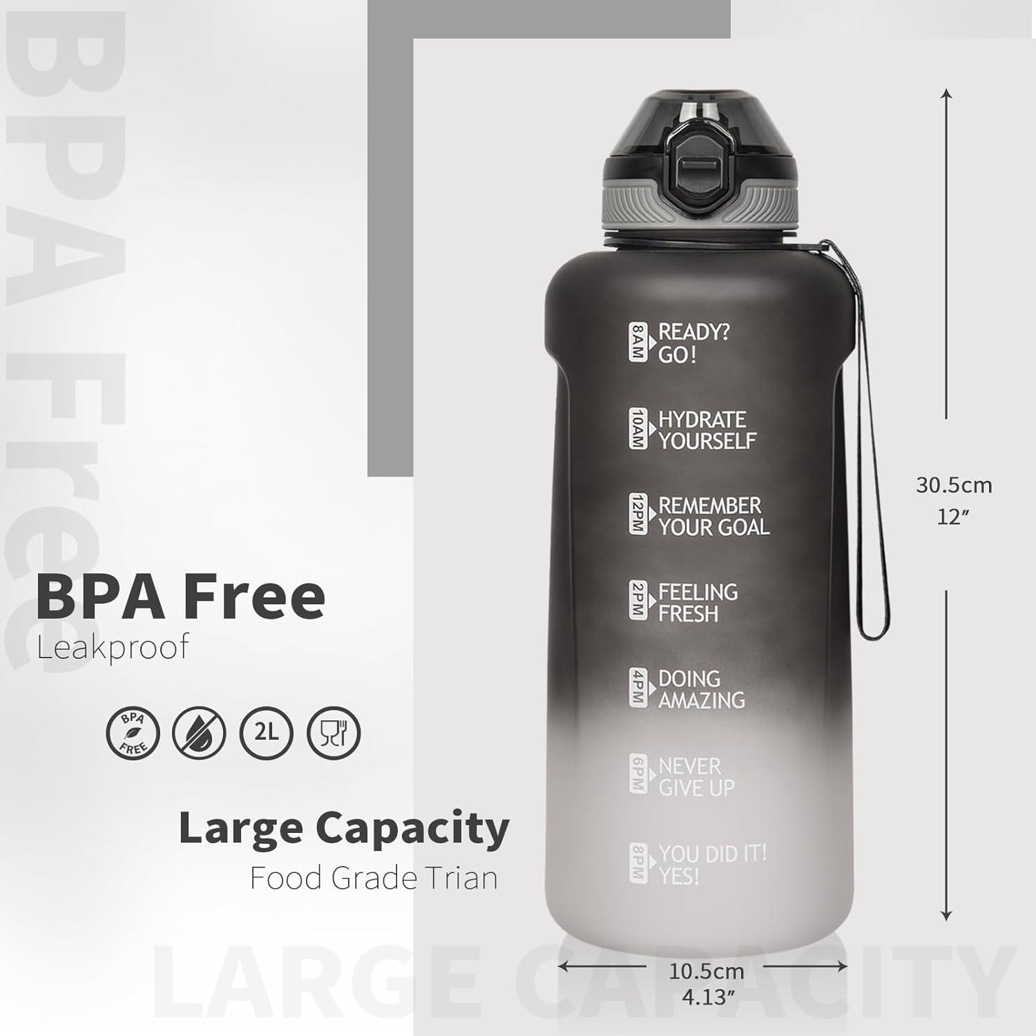 image2l 2 litres Tritan Sport Gourde Gradue avec Paille et Marqueur de Temps de Motivation 2000ml Grande Bouteille sans BPA eau pour Fitness Gym RandonneVoyageDgrad Noir Blanc