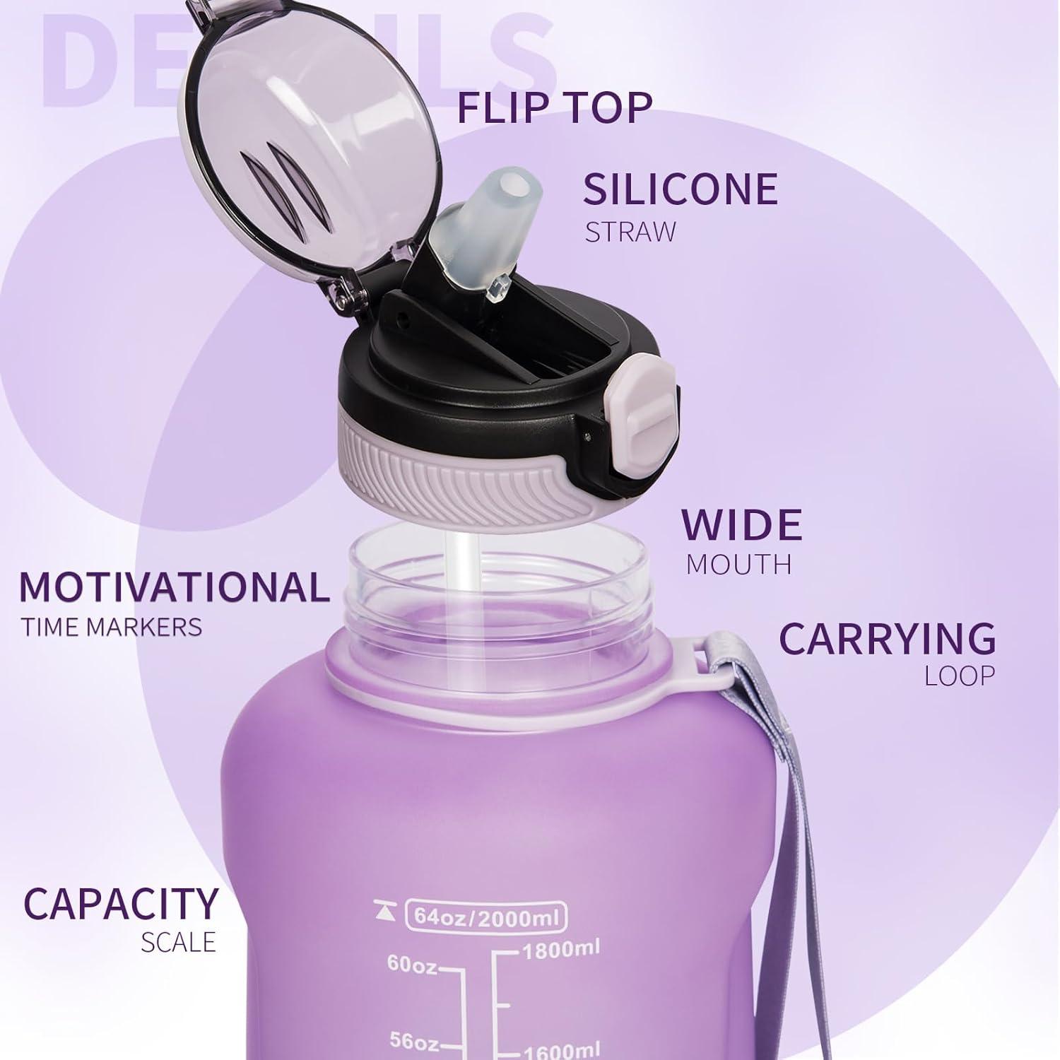 image2l 2 litres Tritan Sport Gourde Gradue avec Paille et Marqueur de Temps de Motivation 2000ml Grande Bouteille sans BPA eau pour Fitness Gym RandonneVoyageDgrad Violet Clair Violet Fonc