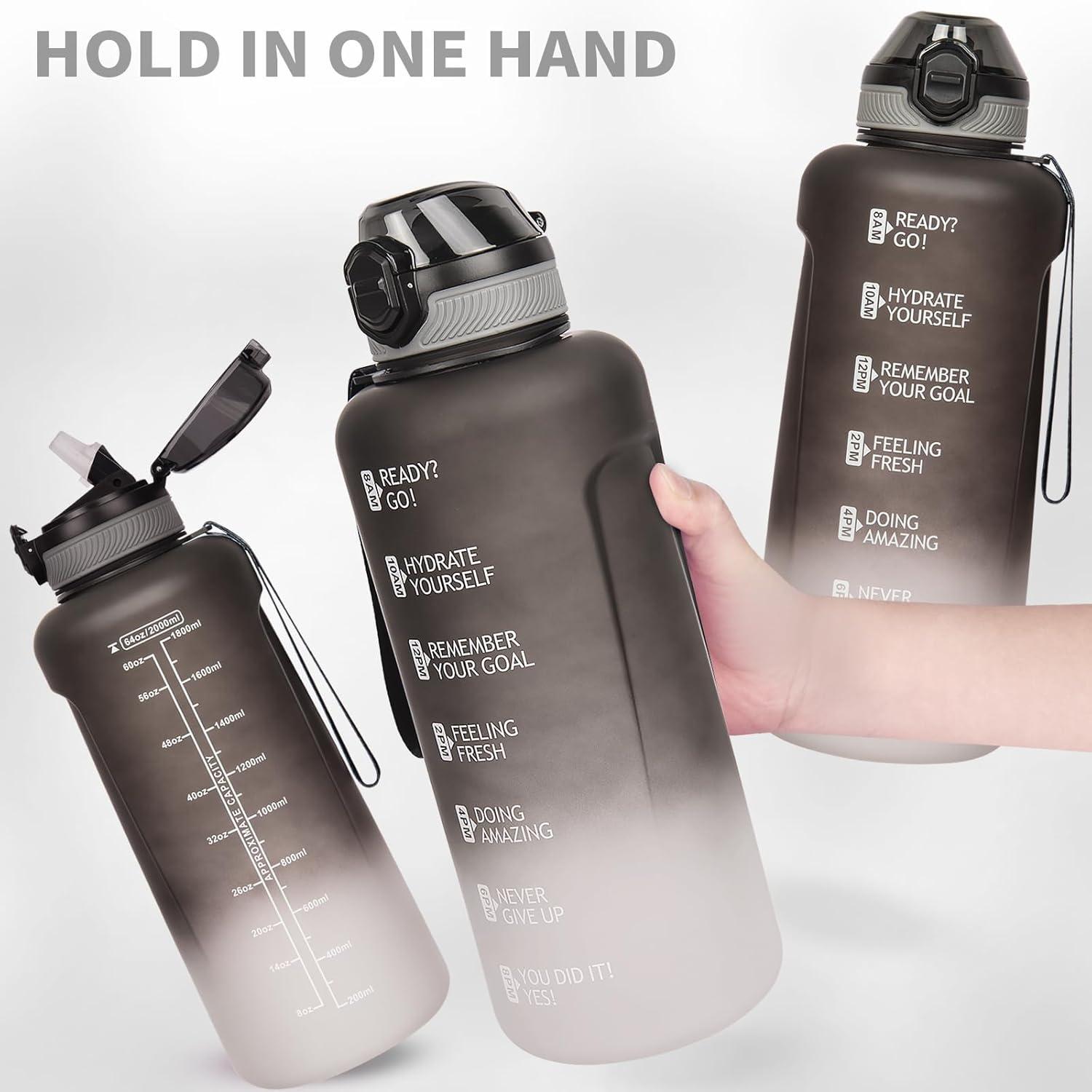 image2l 2 litres Tritan Sport Gourde Gradue avec Paille et Marqueur de Temps de Motivation 2000ml Grande Bouteille sans BPA eau pour Fitness Gym RandonneVoyageDgrad Noir Blanc
