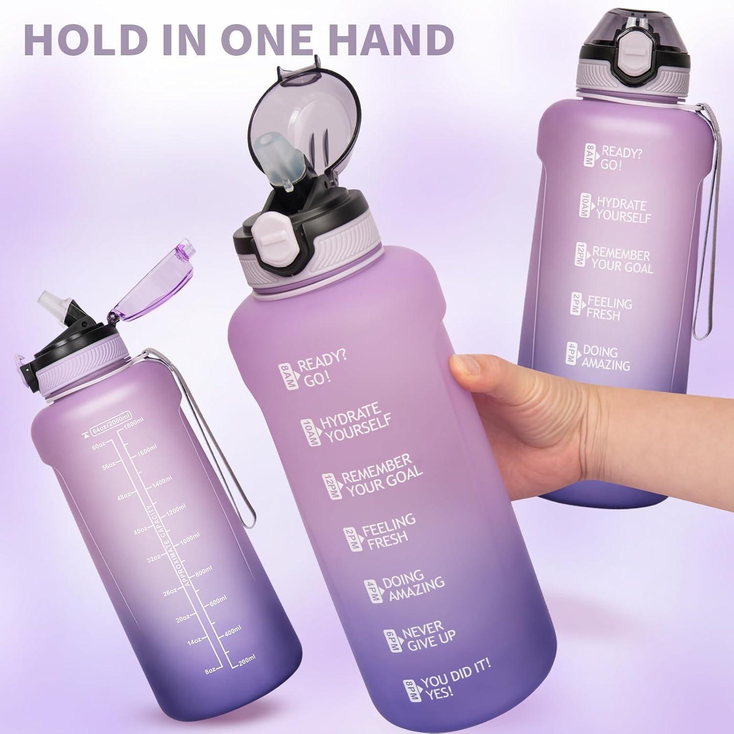 image2l 2 litres Tritan Sport Gourde Gradue avec Paille et Marqueur de Temps de Motivation 2000ml Grande Bouteille sans BPA eau pour Fitness Gym RandonneVoyageDgrad Violet Clair Violet Fonc