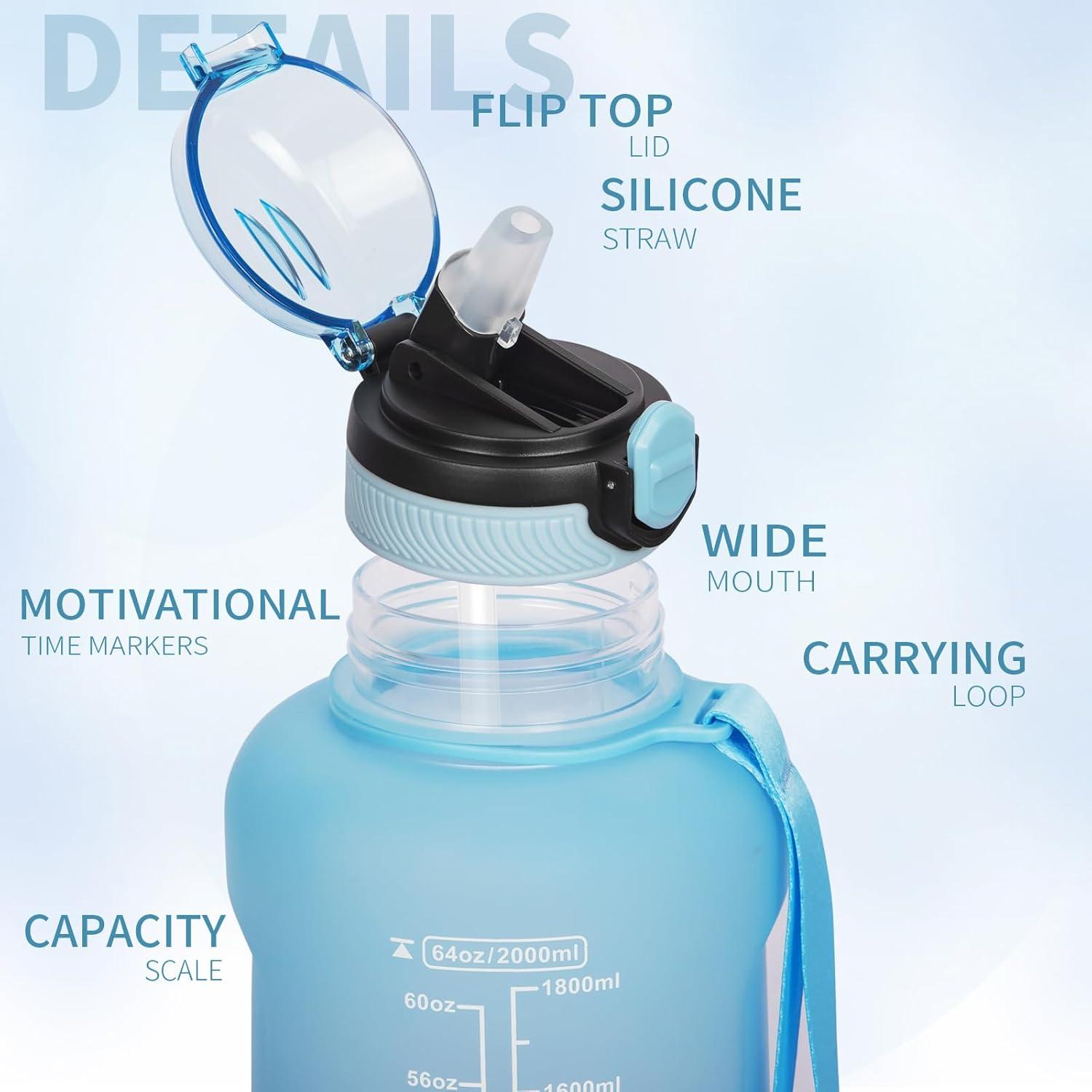 image2l 2 litres Tritan Sport Gourde Gradue avec Paille et Marqueur de Temps de Motivation 2000ml Grande Bouteille sans BPA eau pour Fitness Gym RandonneVoyageDgrad Bleu Violet Fonc